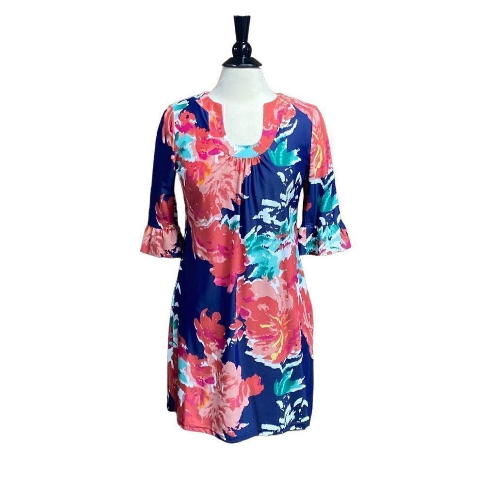 Aryeh Navy Multi Color Ruffle Sleeve Dress Size Small NEW